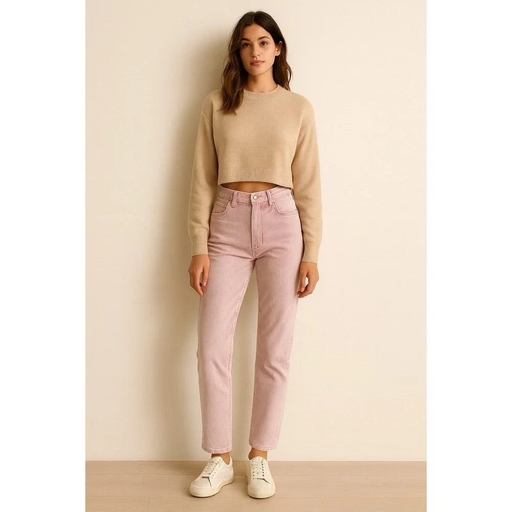 7 For All Mankind High Waist Cropped Straight Jeans Pink Acid Wash Size 26‎
